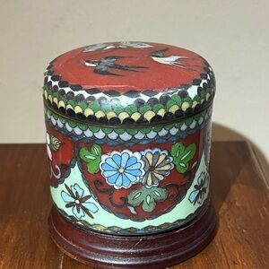Vintage Chinese cloisonné lidded box brass enamel flowers birds butterfly